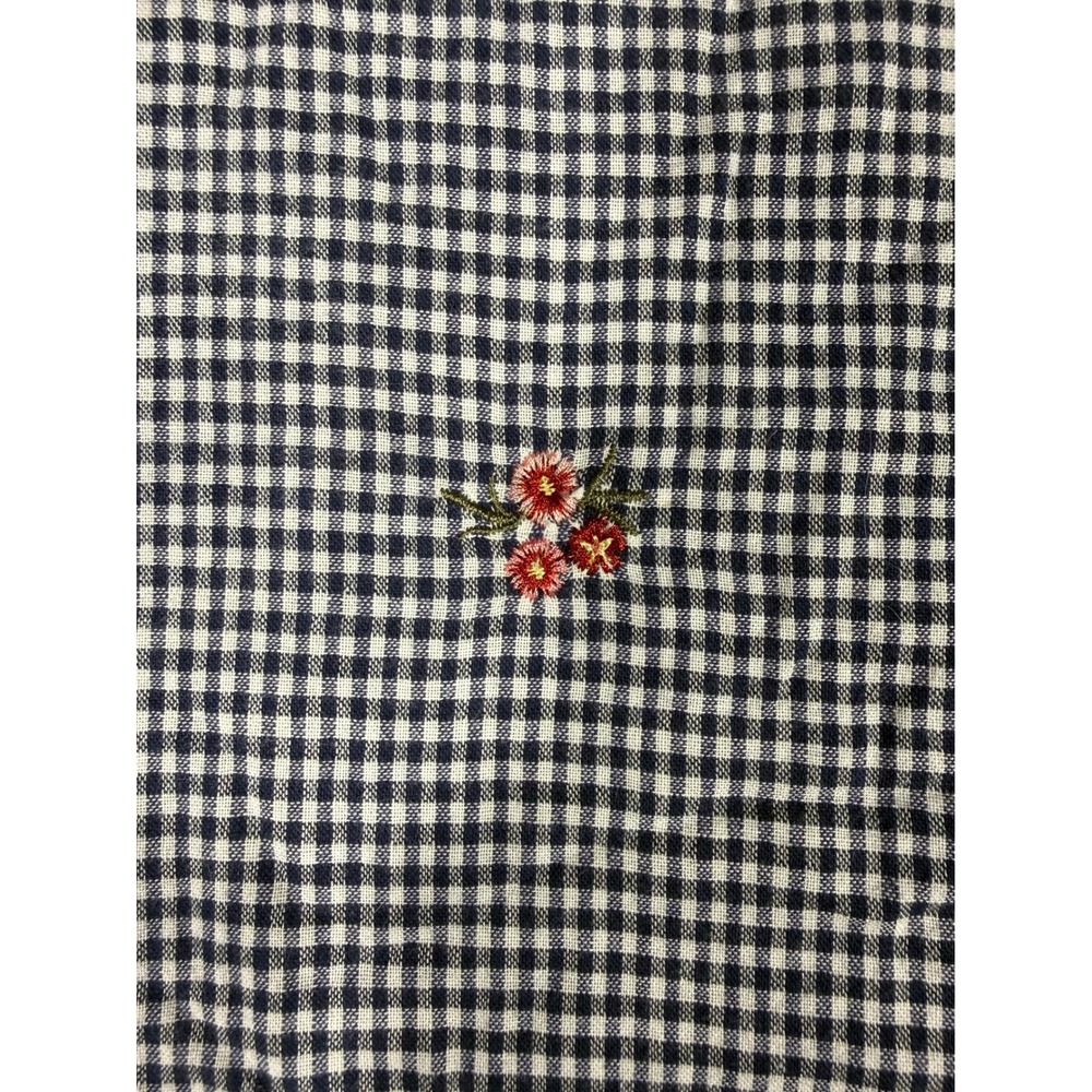 Hannah Gingham Blouse XL Navy White Excellent Floral Embroidered Bell Sleeve - Picture 2 of 9